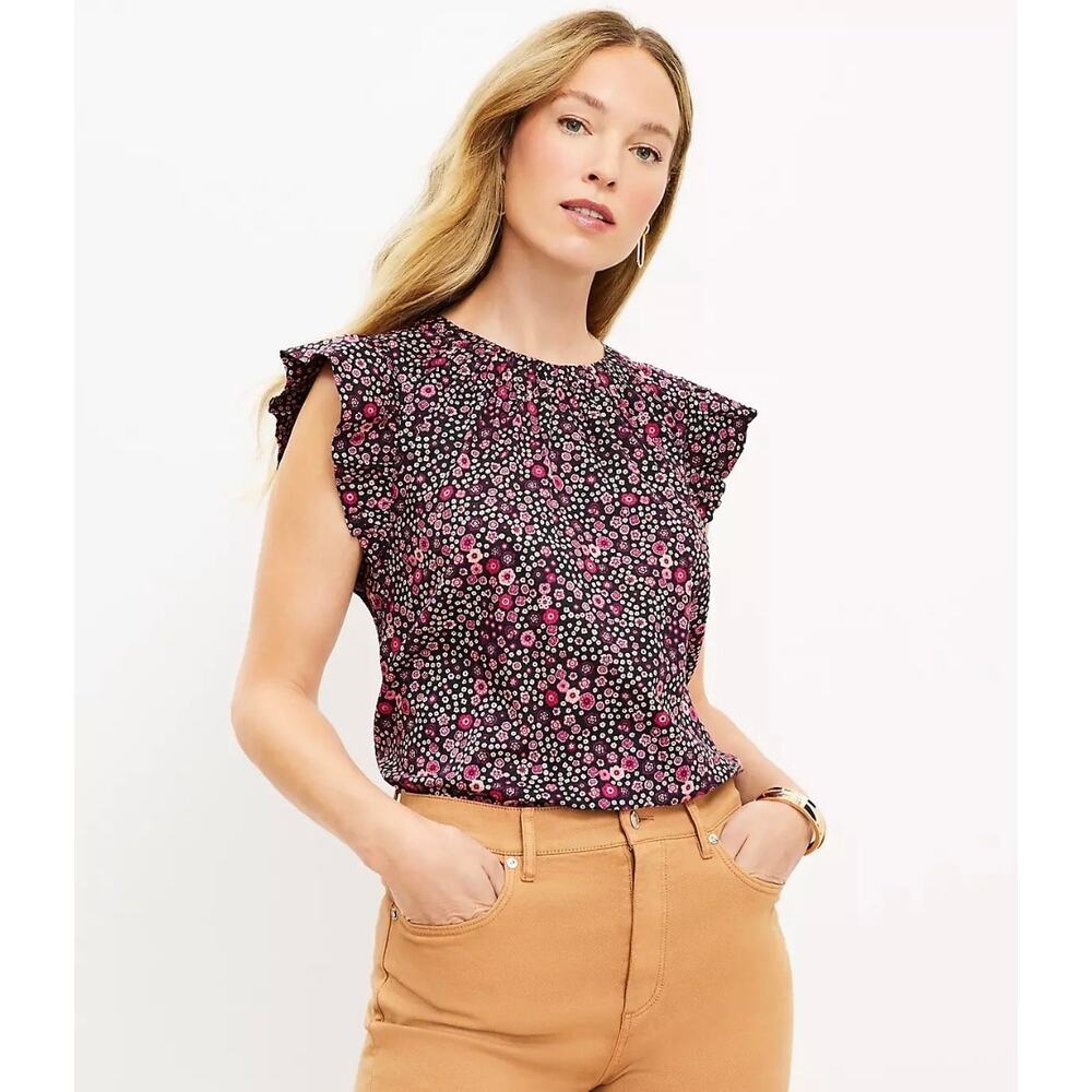 Loft Women's Multicolor Floral Cap Flutter Sleeve Crew Neck Blouse Top Size S